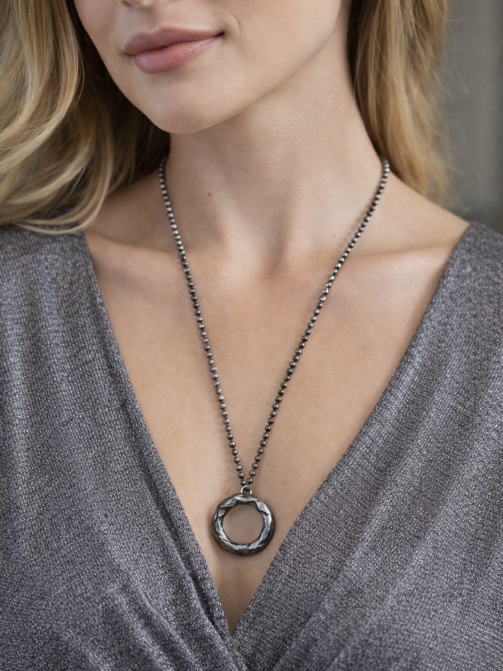 Vintage Long Silver Ball-Bead Pendant Necklace